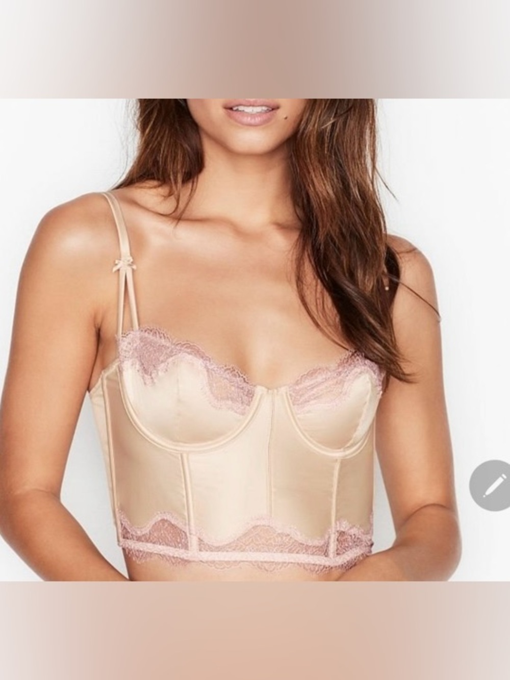 Victoria's Secret Satin Longline Bustier in Nude with Pink Lace